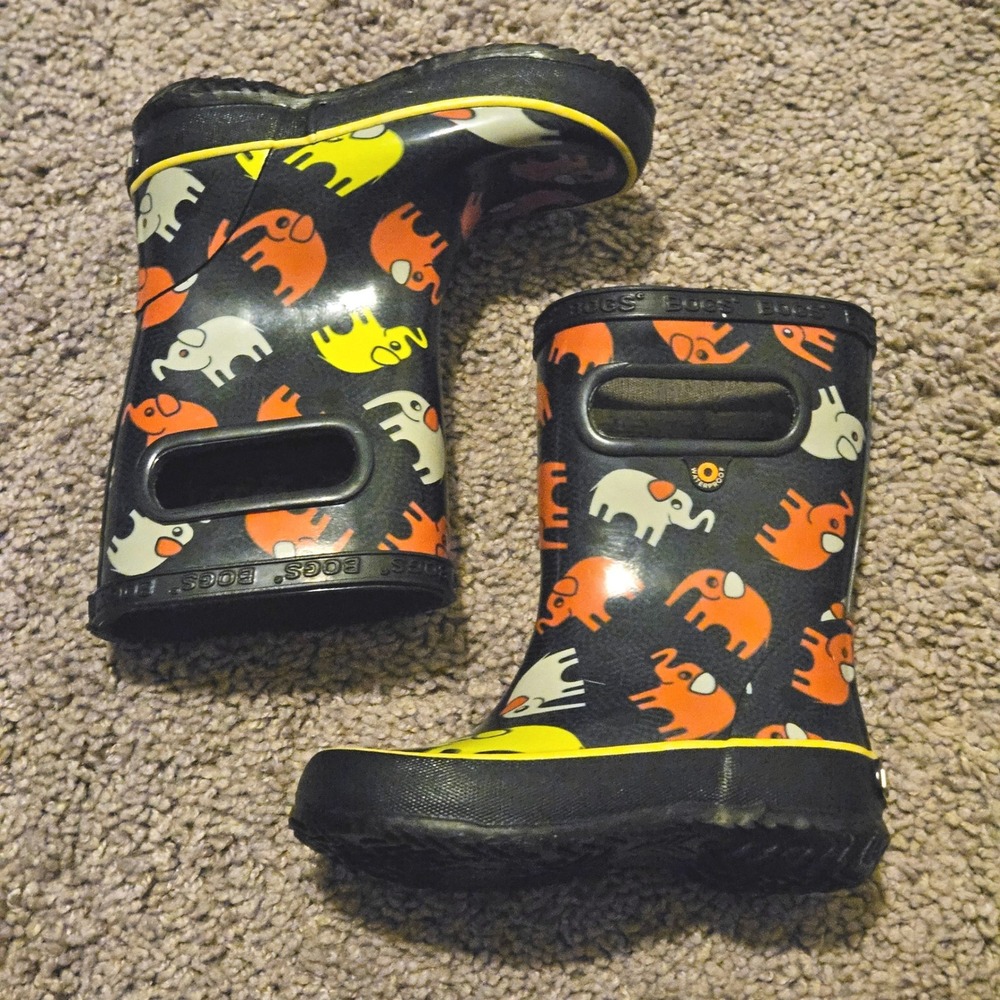 Bogs Skipper Elephant Rain Boots Kids Size 8 Black Multi Waterproof Pull On